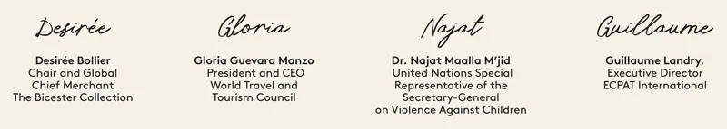 Signatures of Desirée Bollier, Gloria Guevara Manzo, Dr. Najat Maalla M'jid and Guillaume Landry