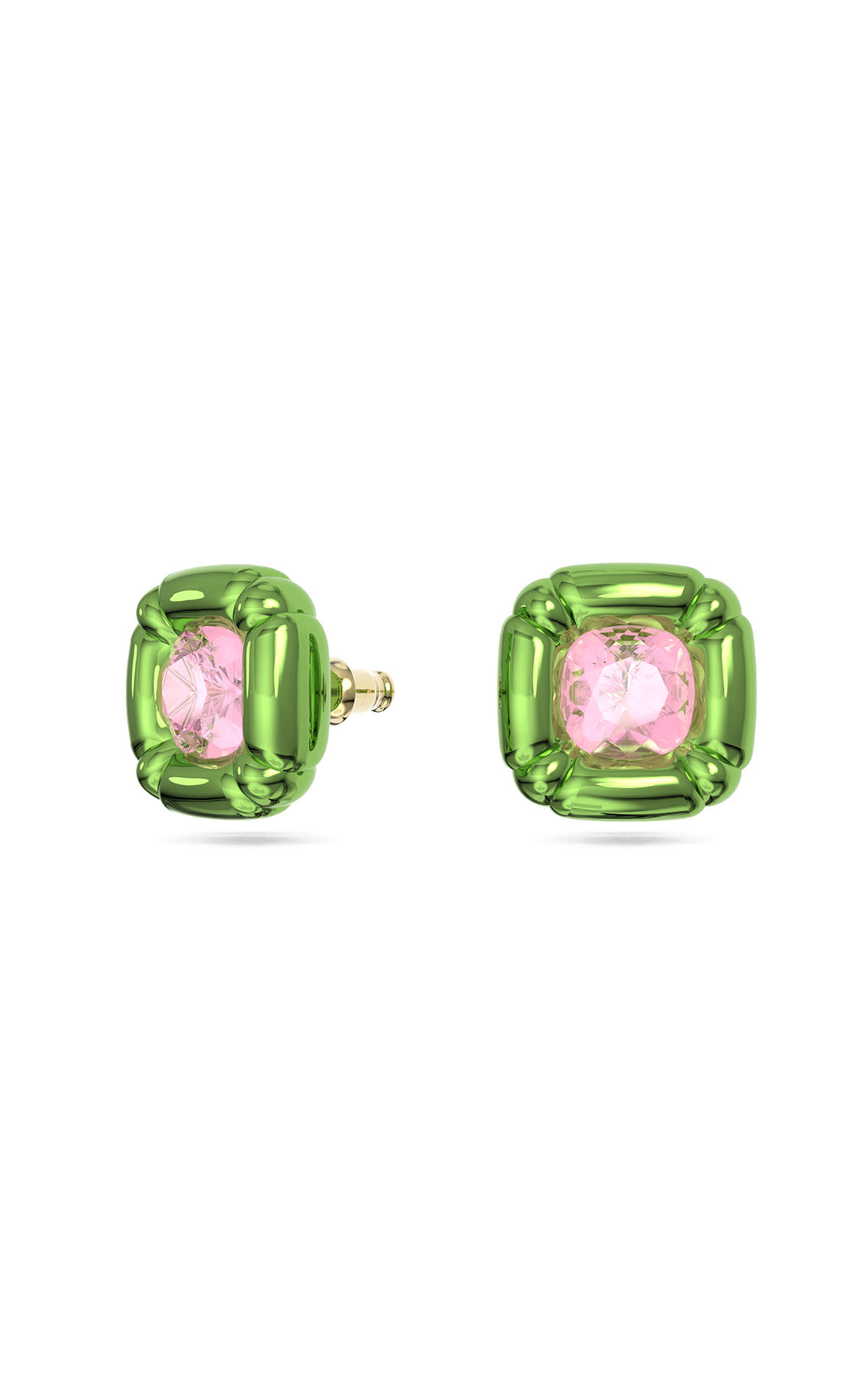 Green button earrings with pink diamond Swarovksi