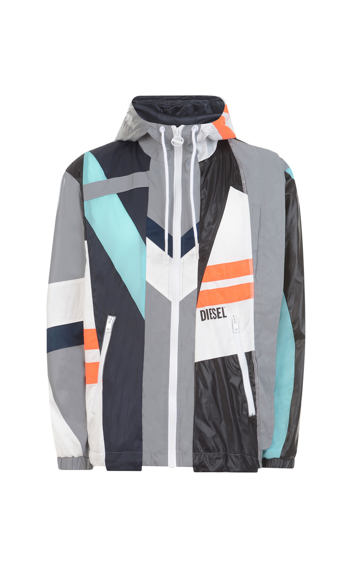 Chaqueta geométrica gris y naranja