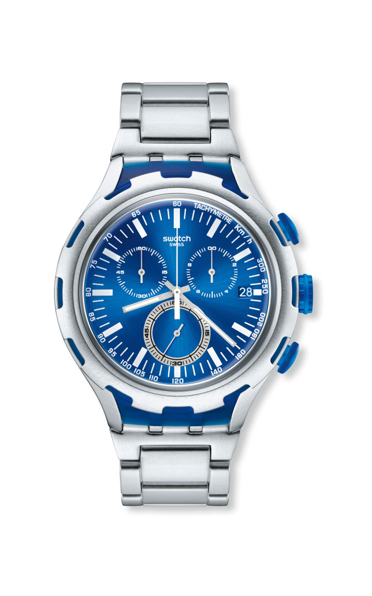 Reloj plateado con esfera azul Swatch