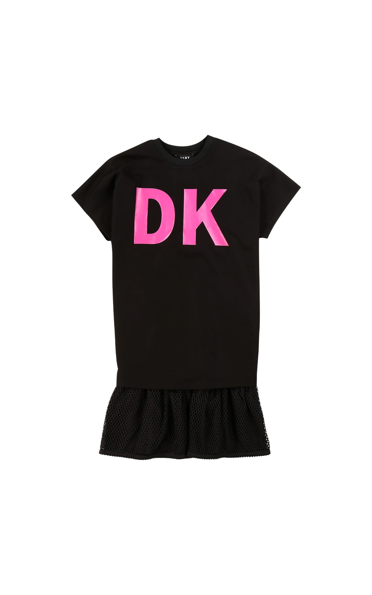 Kids around DKNY black dress with pink logo La Vallée Village