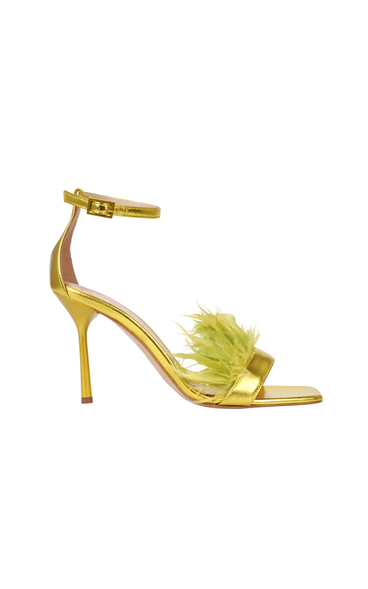 Yellow stiletto heel sandal with feather detail  liu jo outlet barcelona la roca village
