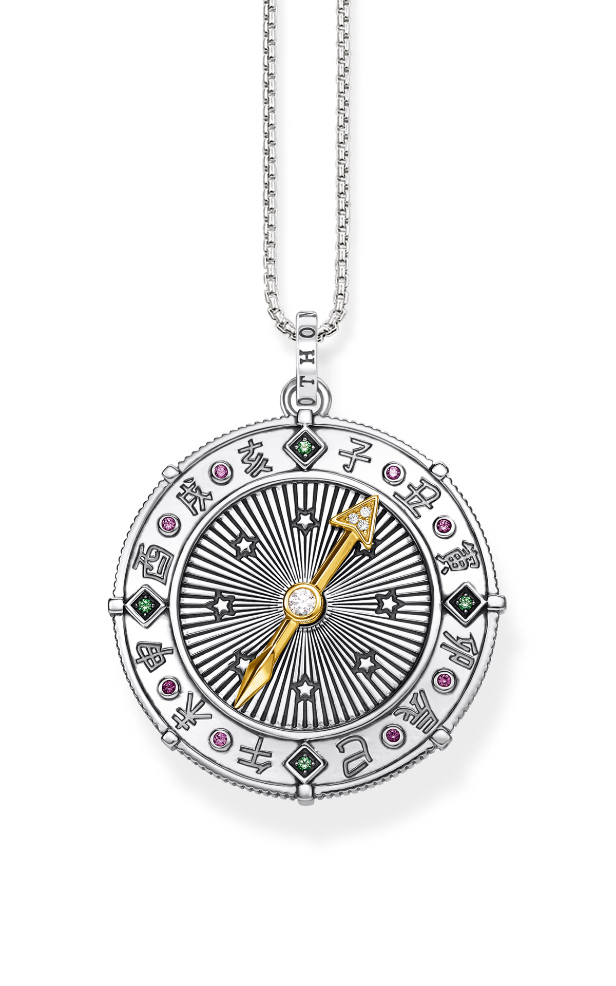 Silver donut-shaped pendant with compass detail and precious stones Thomas sabo