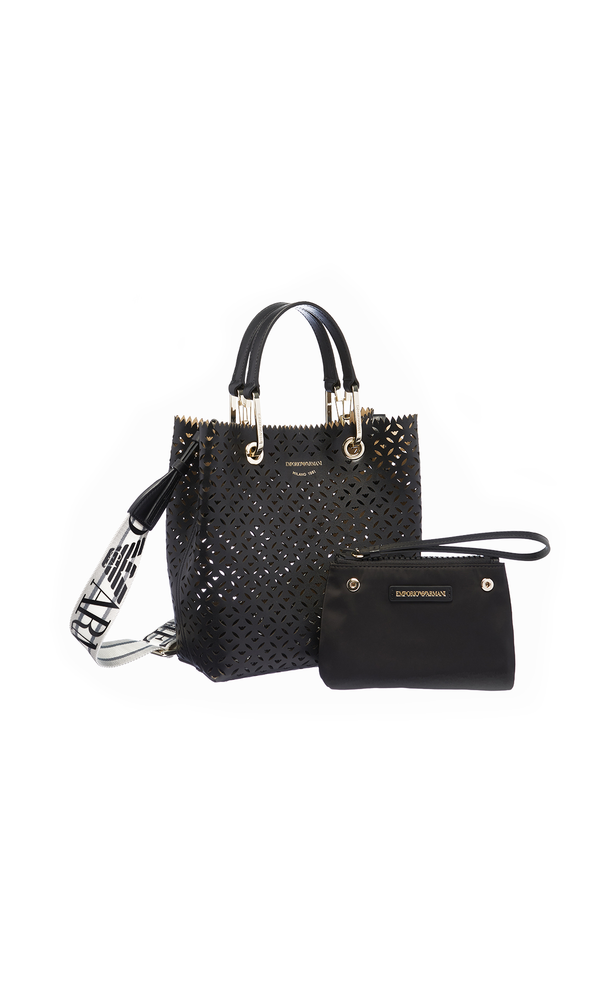 Armani Perforated faux leather shopping bag with all-over logo 