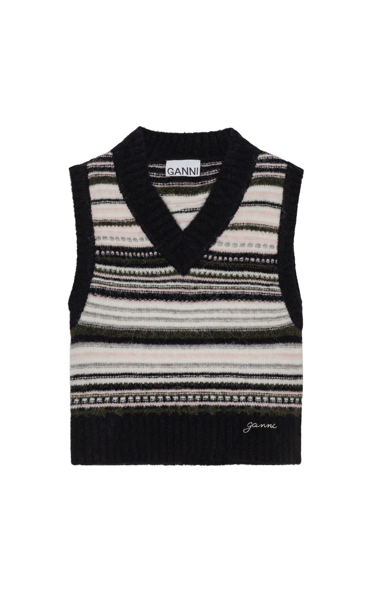Ganni Black stripe soft wool vest from Bicester Village