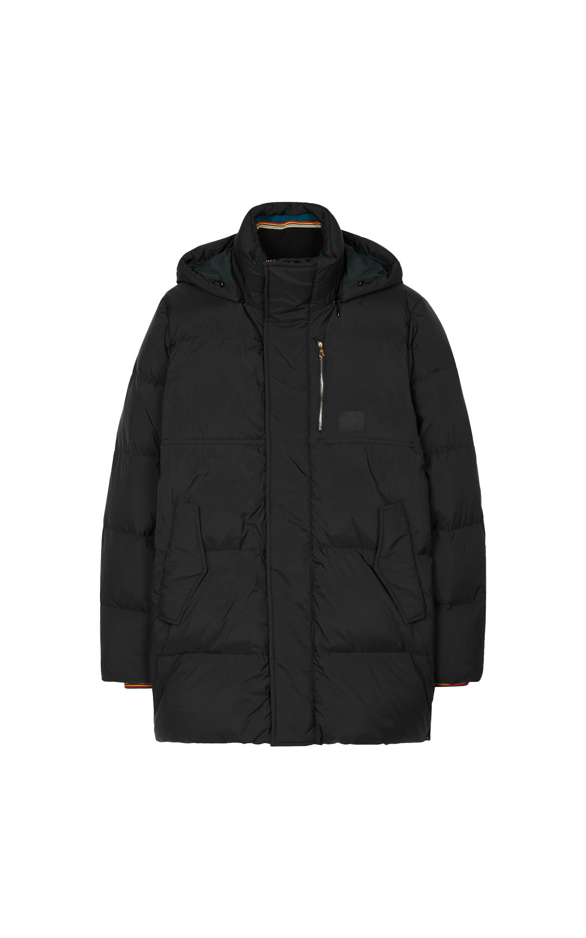 Paul Smith Black matte down mid length hooded coat from Bicester Village