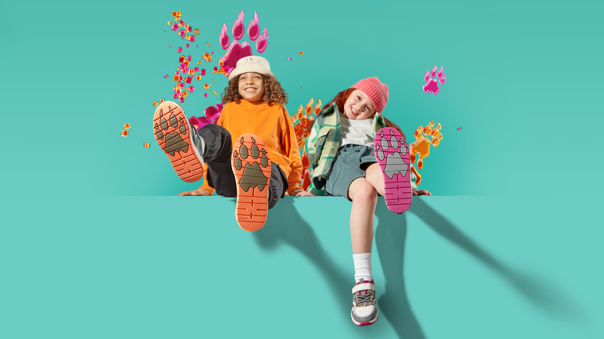 Girl on the floor with a clarks sneakers