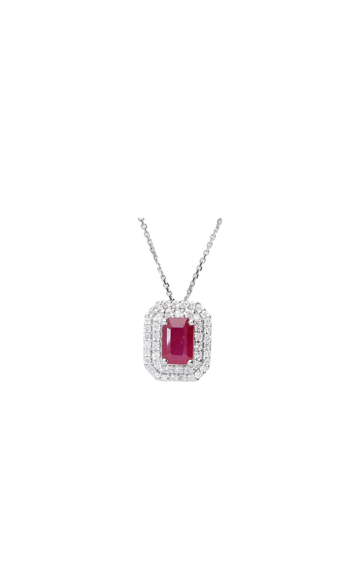 Alfieri & St John necklace in white gold with a diamond and octagonal ruby pendant