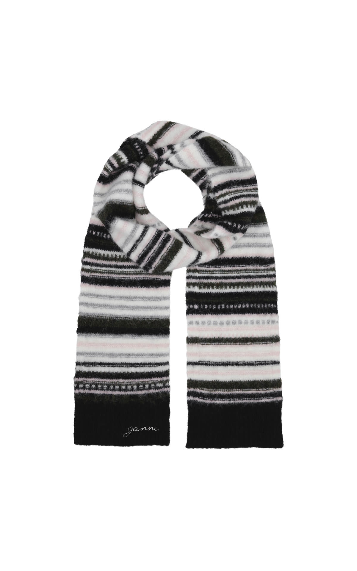 Ganni Black striped soft wool scarf from Bicester Village