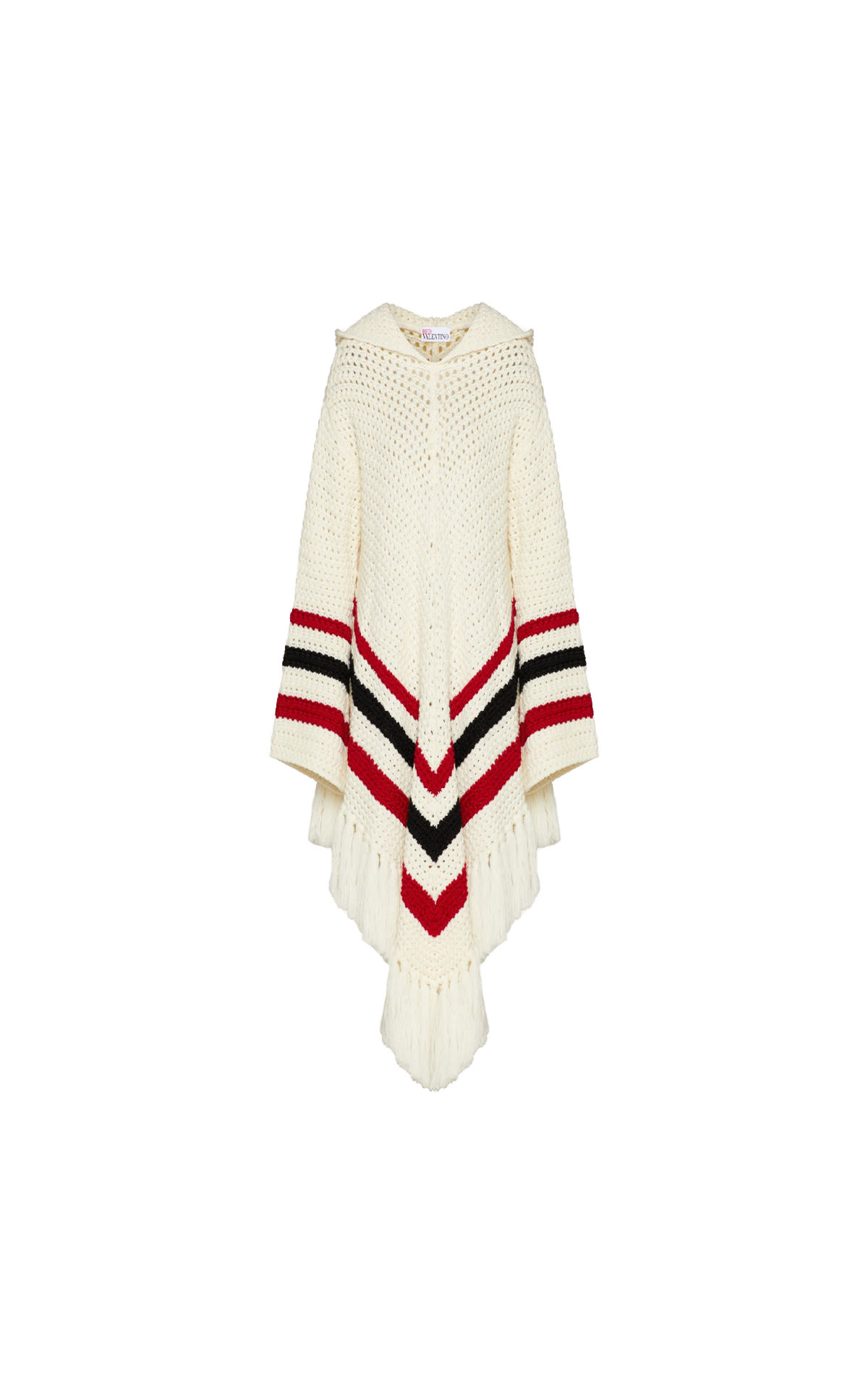 REDValentino Wool knit poncho with contrasting stripes and fringe trim La Vallée Village