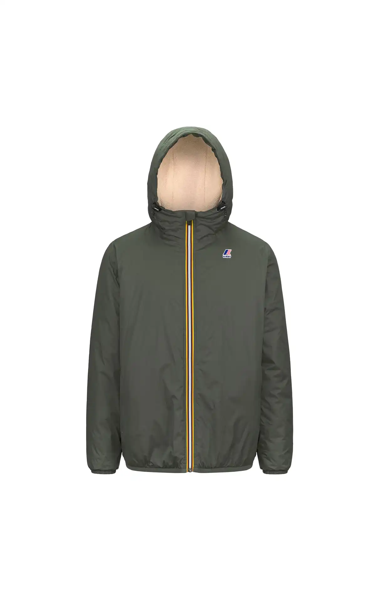 K-Way khaki Le Vrai 4.0 Claude Orsetto unisex waterproof jacket with sherpa lining La Vallée Village