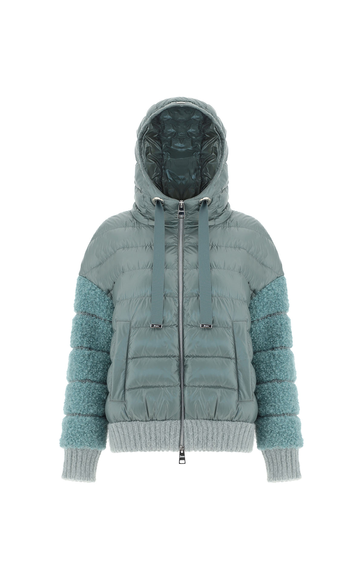 Padded jacket with hood and blue fur effect sleeves Herno