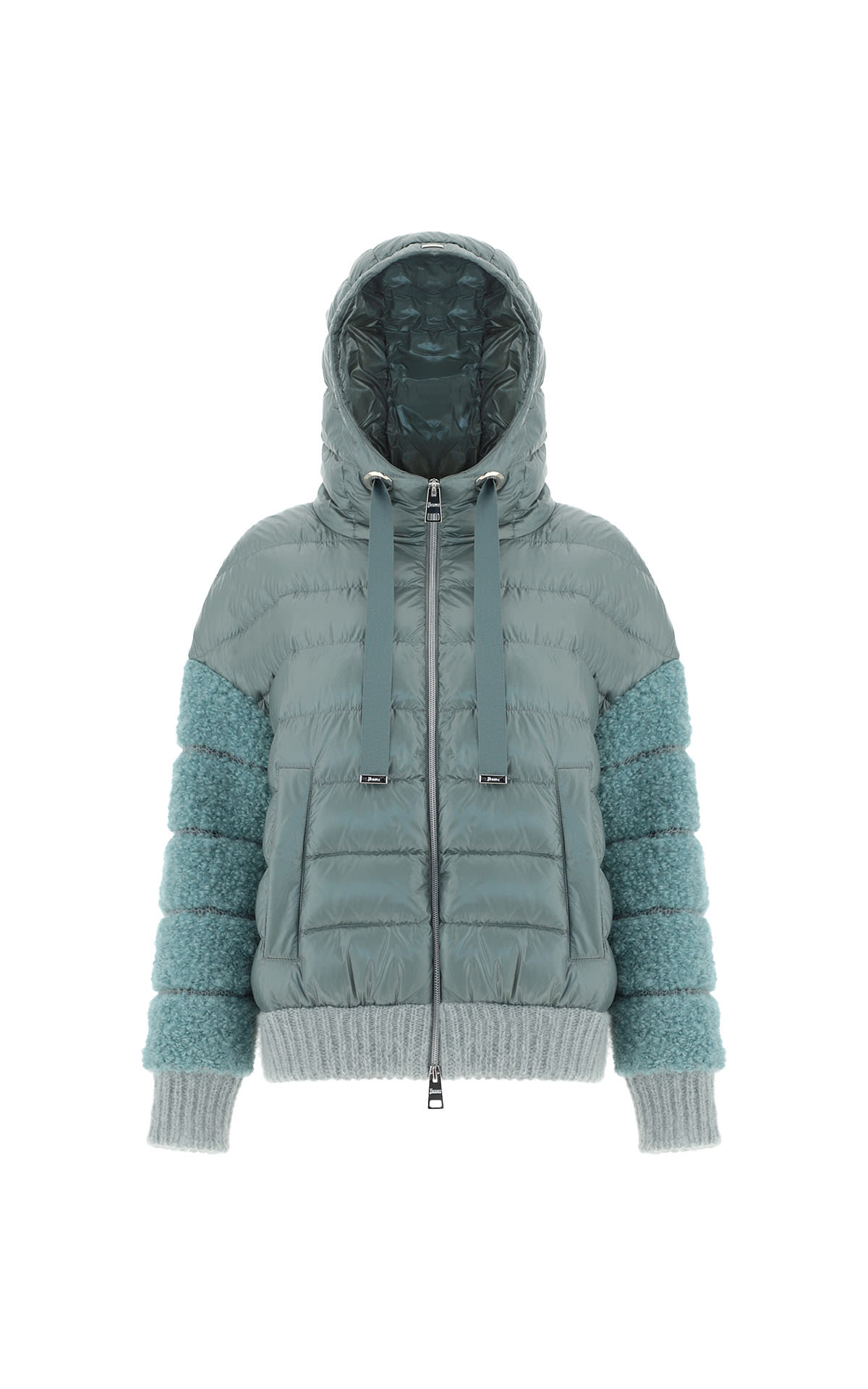 Padded jacket with hood and blue fur effect sleeves Herno