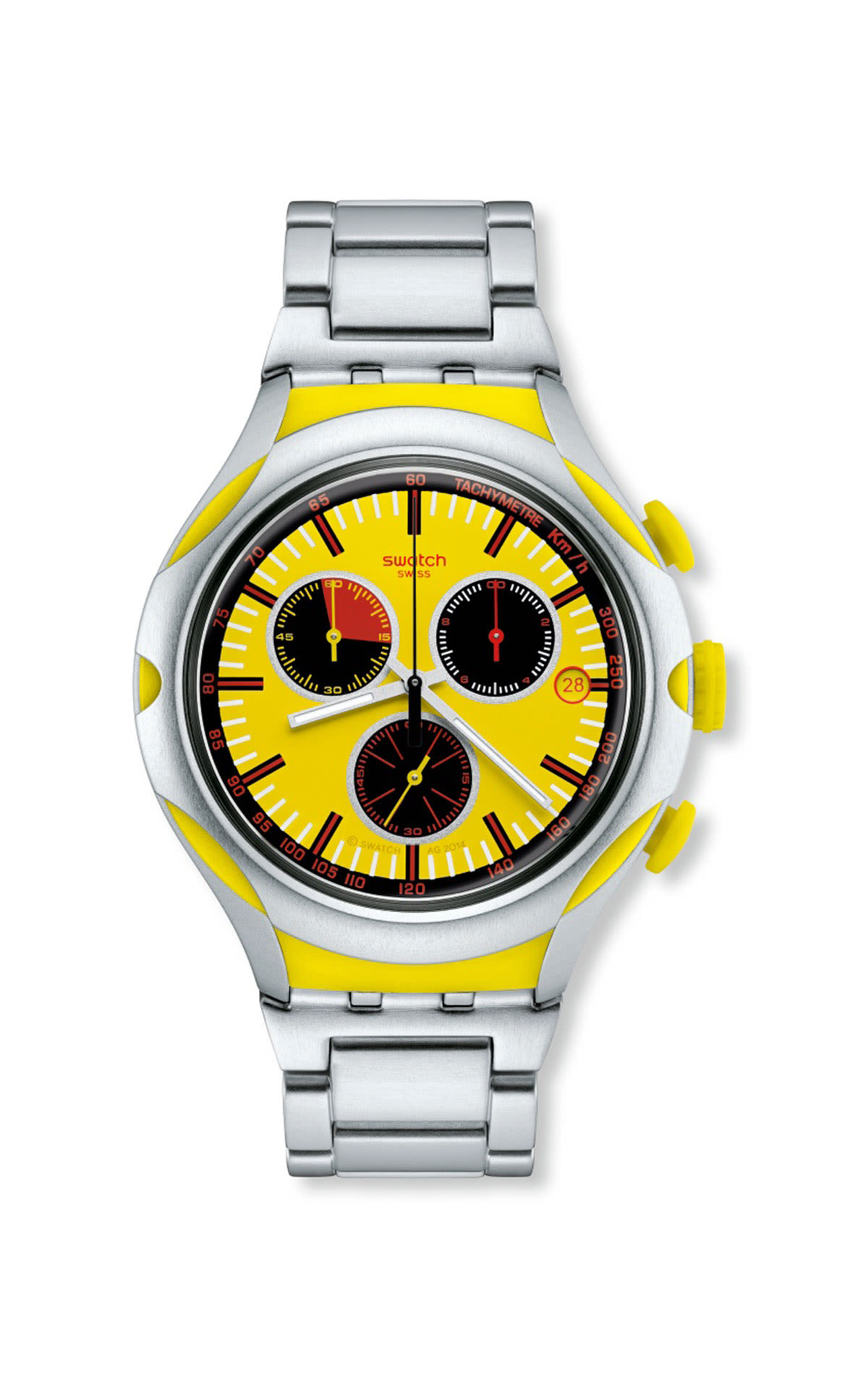 Reloj plata esfera amarilla Swatch