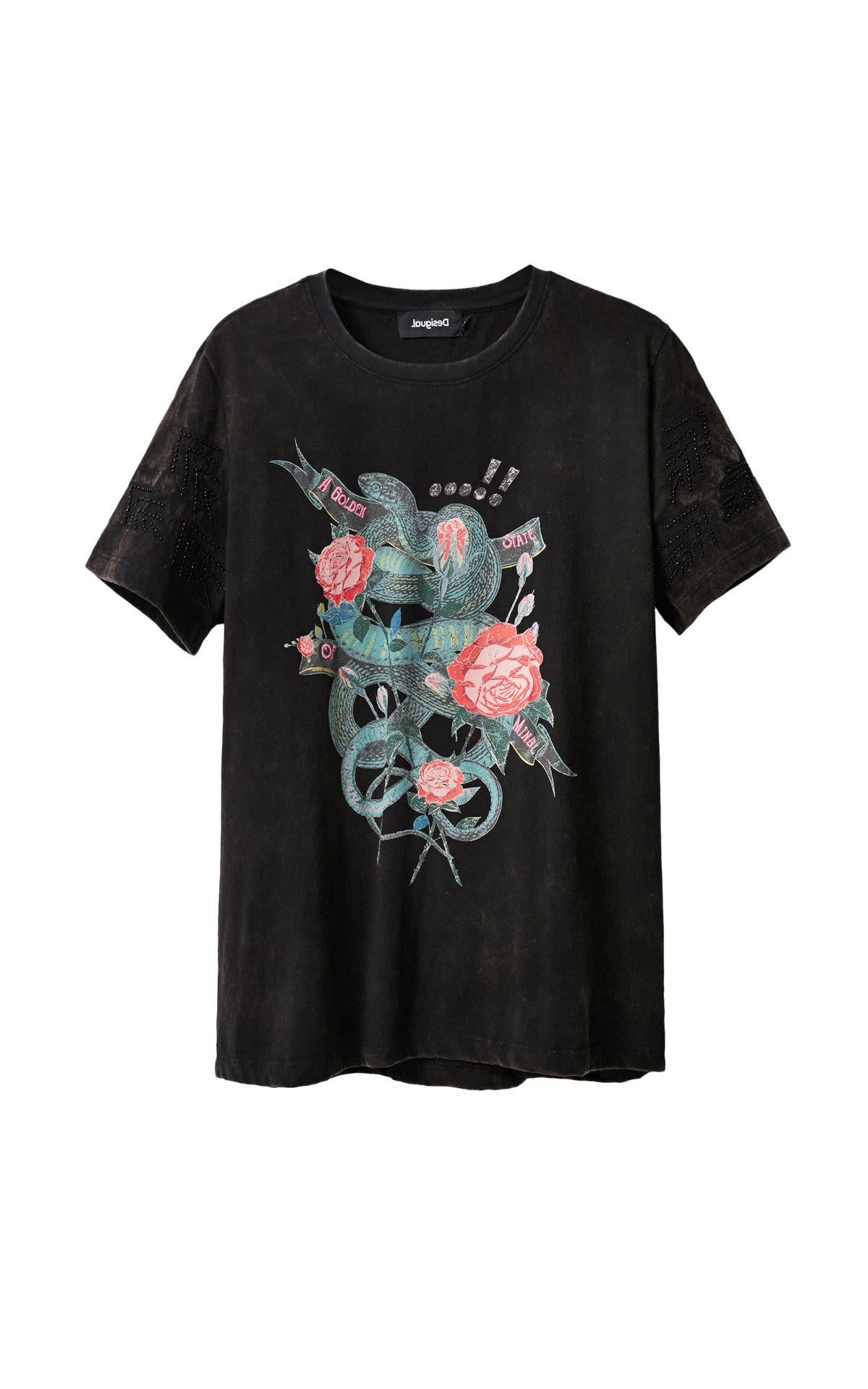 Black short-sleeved T-shirt with drawing Desigual