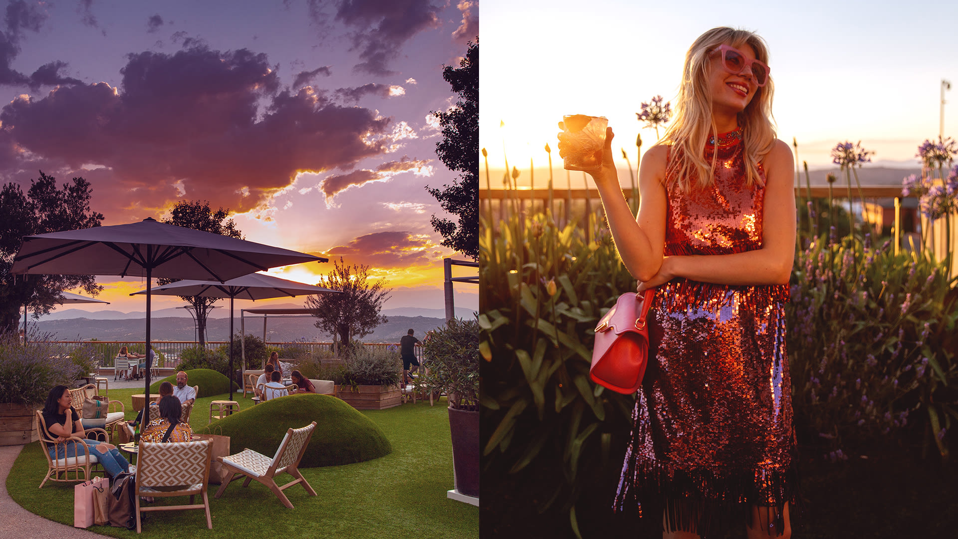 Collage terrace and woman with drink