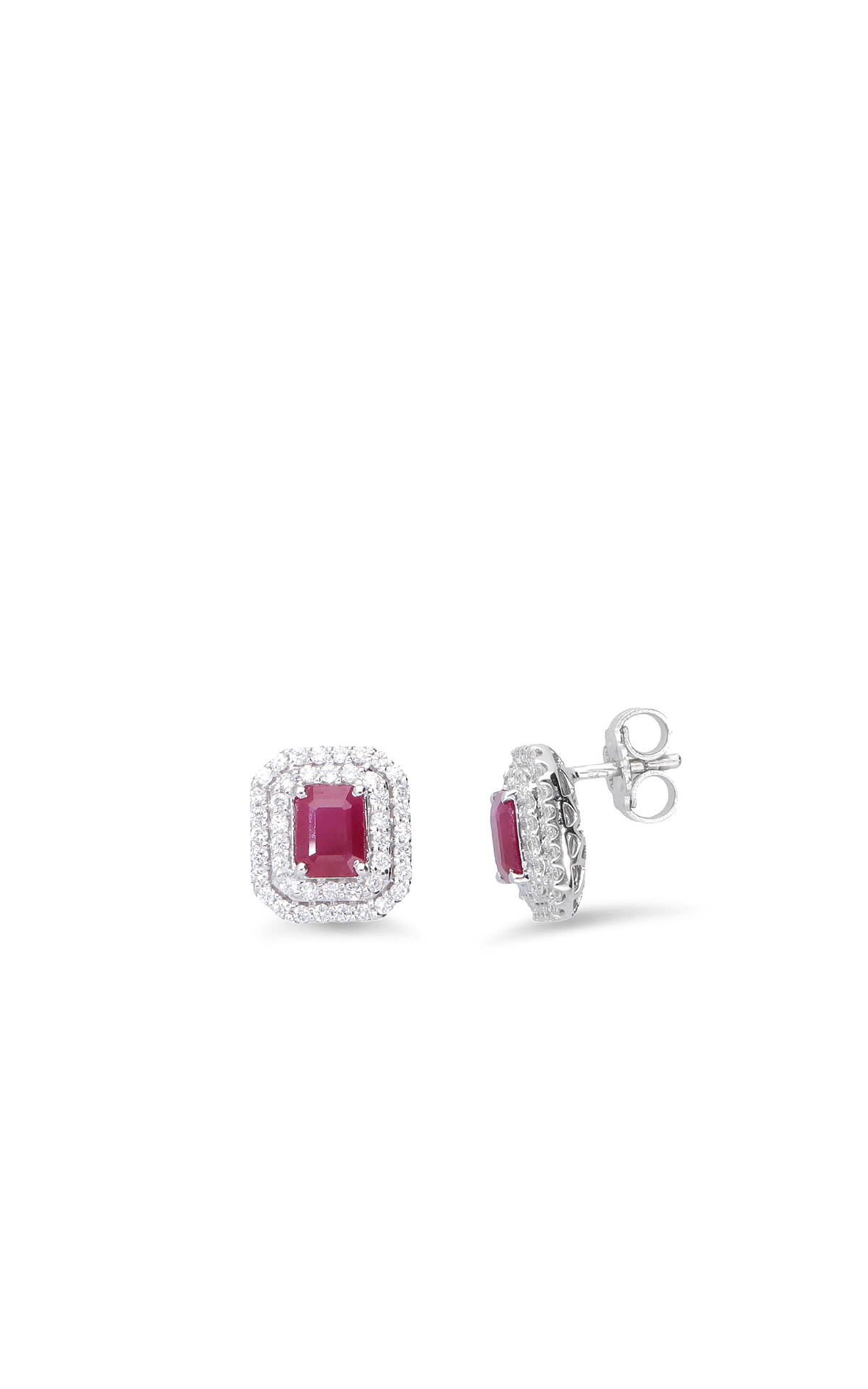 Alfieri & St John | White gold earrings with octagonal diamonds and rubies LuxuryZone