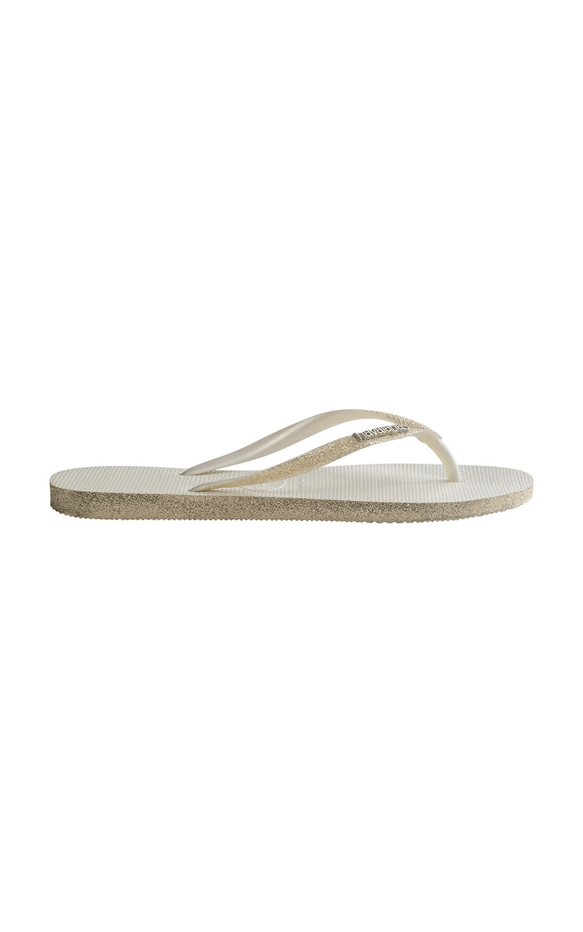 White beach flip flops with gold strap Havaianas