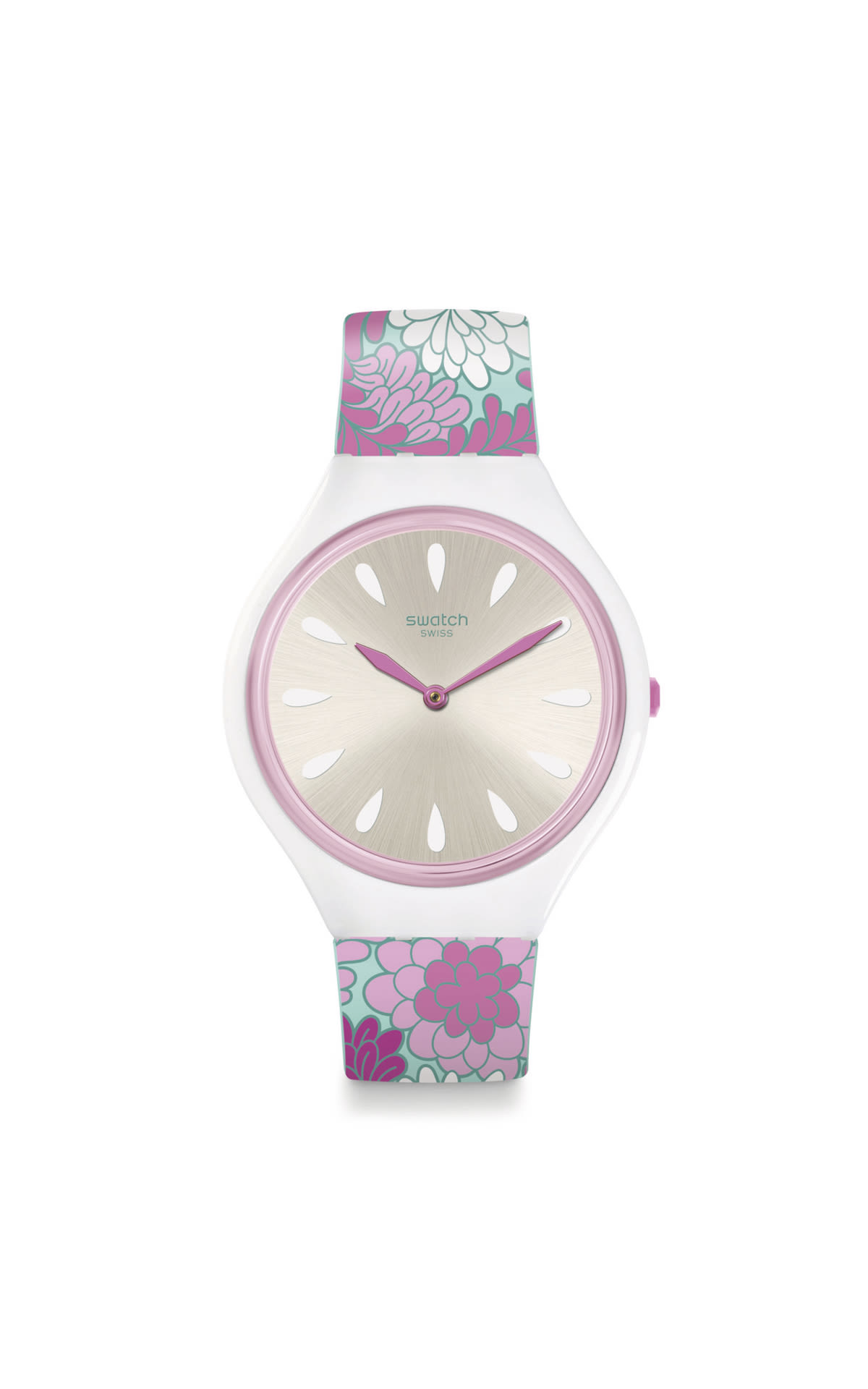 Reloj blanco y rosa con flores Swatch