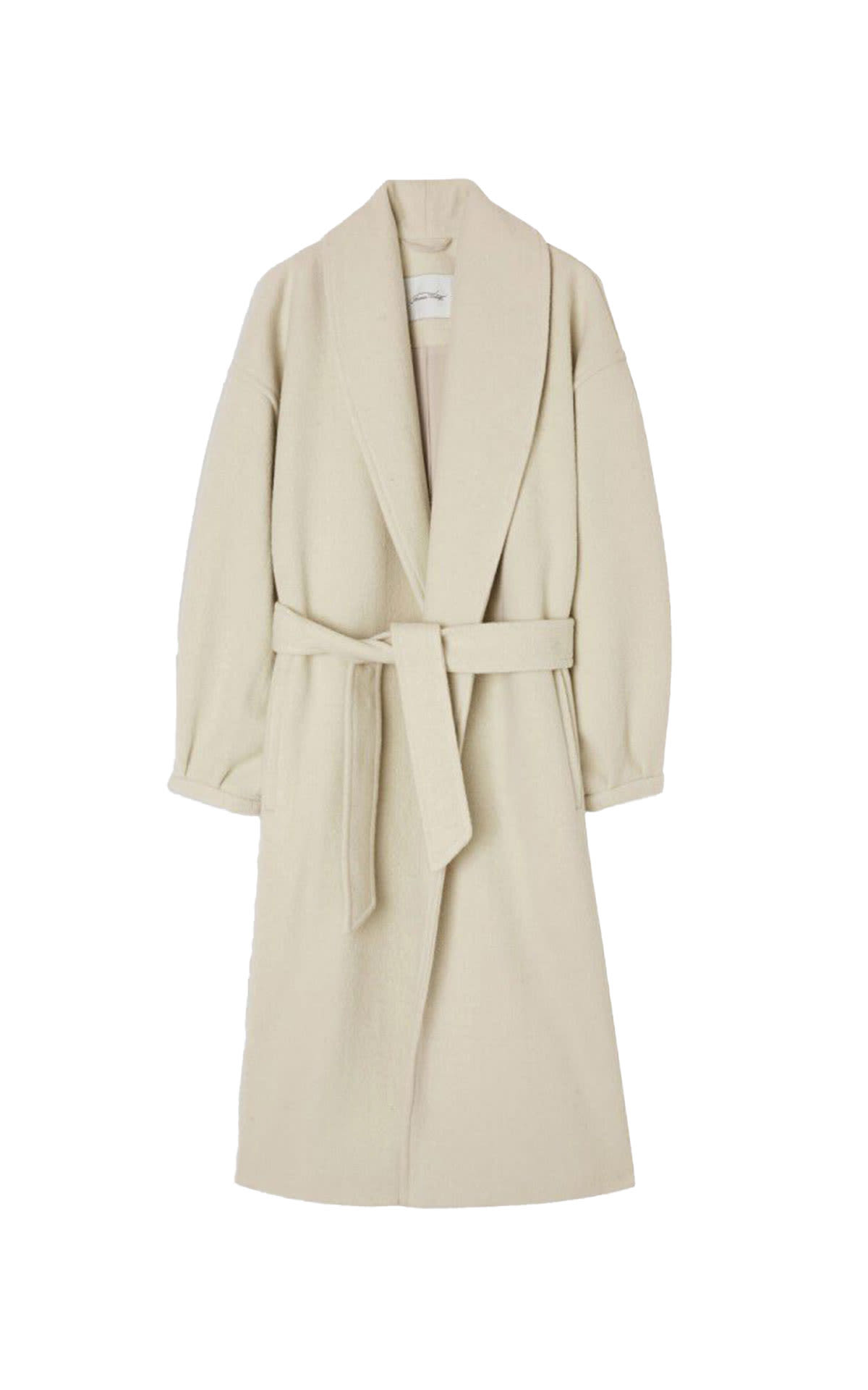 Long wool coat with beige beltAmerican Vintage outlet madrid la roca village