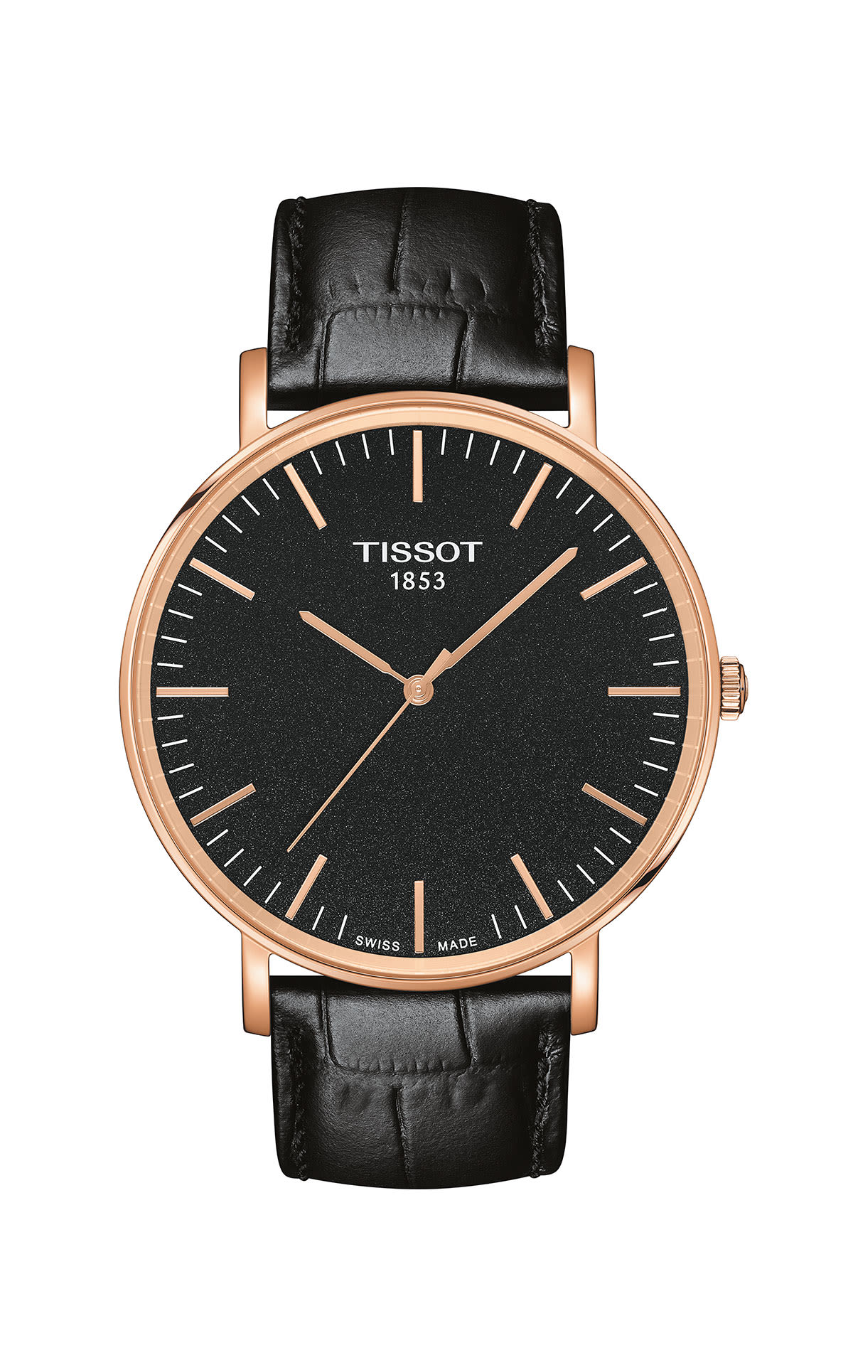 Tissot gold watch with black strap