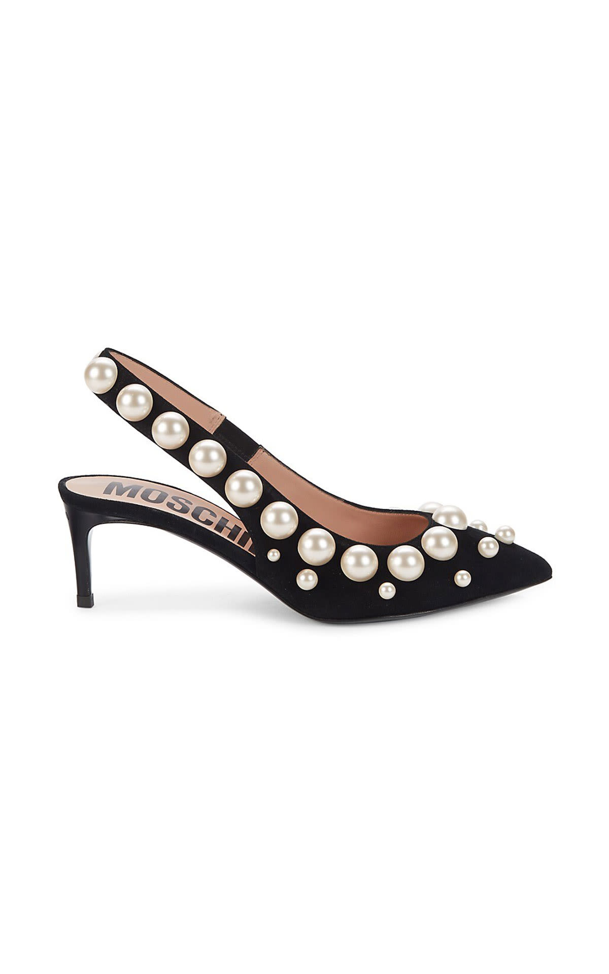Sandalia negra de tacón de aguja con perlas de adorno Moschino