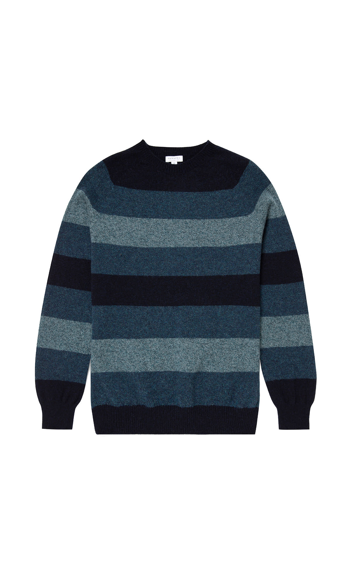 Sunspel Lambswool crew neck jumper in petrol and grey block stripe from Bicester Village